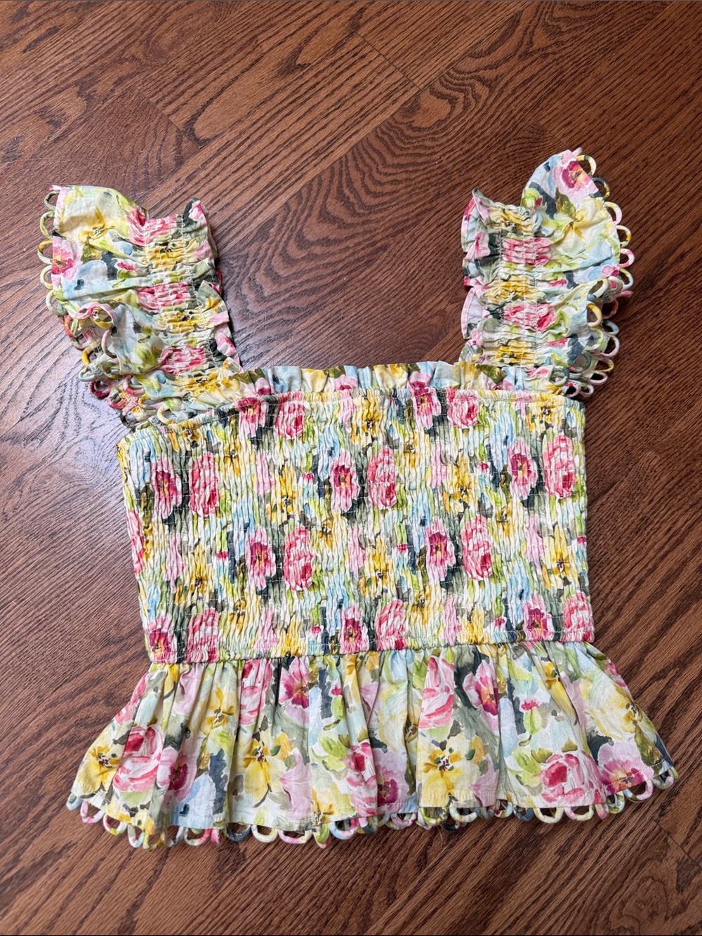 En Saison Floral Smocked Ruffle Crop Top - Pink & Yellow XS NWOT